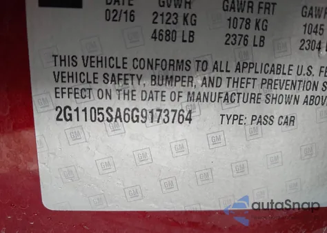 2016 Chevrolet Impala 1Lt z USA, uszkodzony, nr VIN 2G1105SA6G9173764